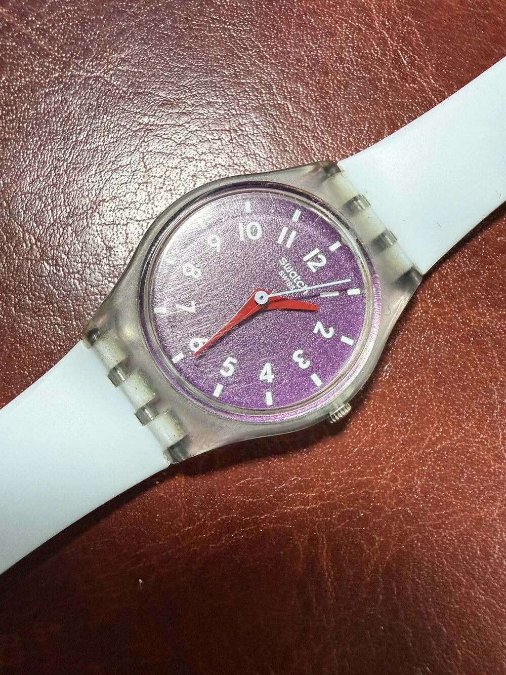 Swatch Swiss Quartz Watch Purple Dial White Strap Clear Case Y2K Needs Battery